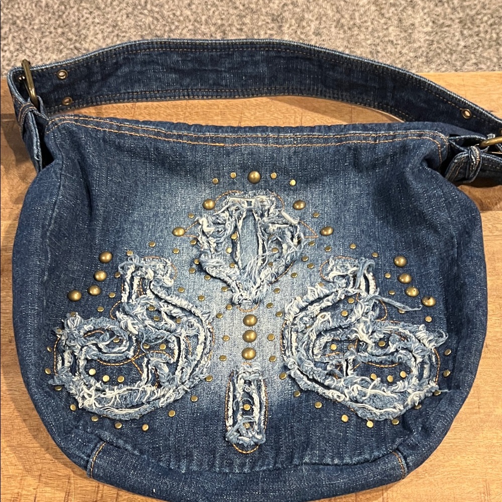 Denim Embroidered Shoulder Bag
